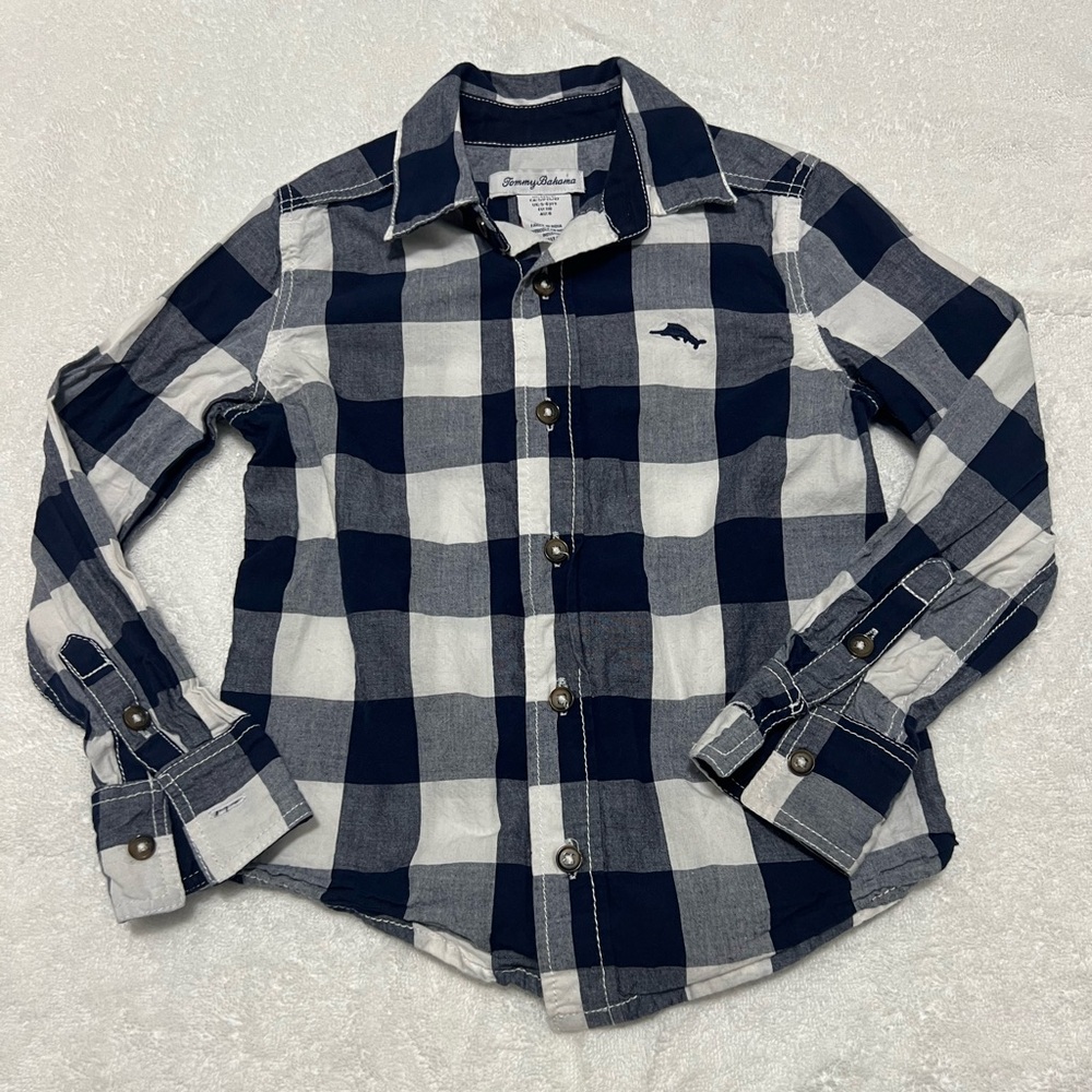 Tommy‎ Bahama Boys Navy & White Plaid Button-Down Shirt, size S, EUC